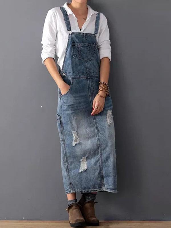 Distressed Denim Overalls Dress with Back Slit