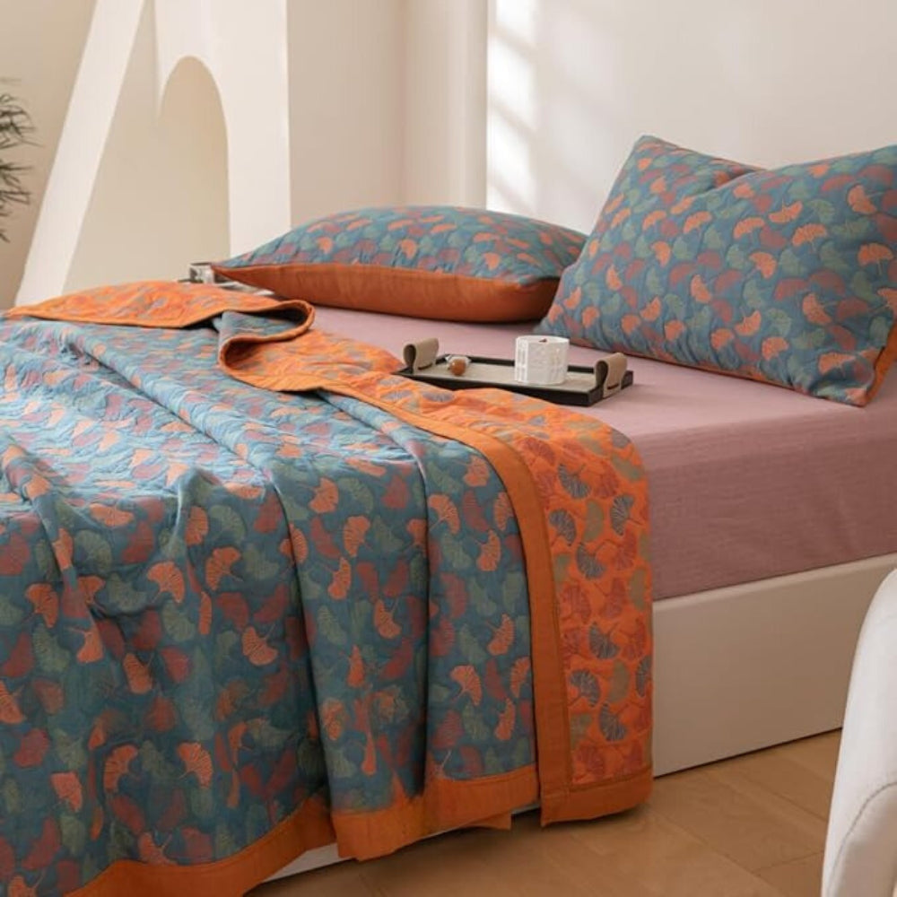 Reversible Ginkgo Leaf Print Organic Cotton Blanket