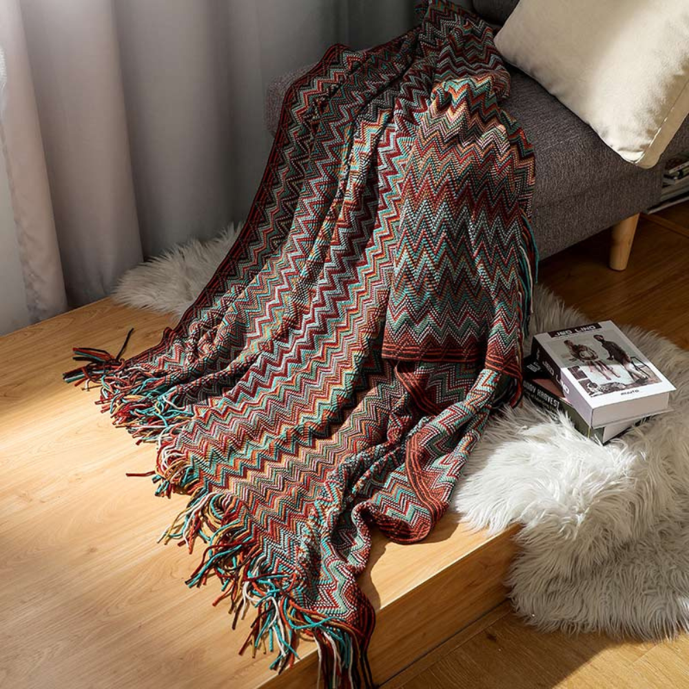 Multicolor Boho Zigzag Knit Throw Blanket with Tassels