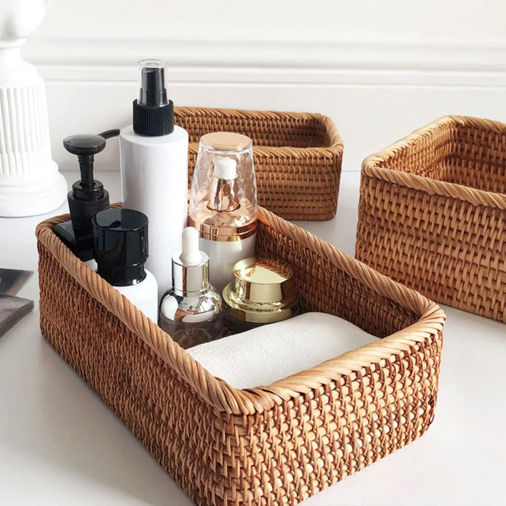Hand-Woven Rectangular Rattan Storage Basket