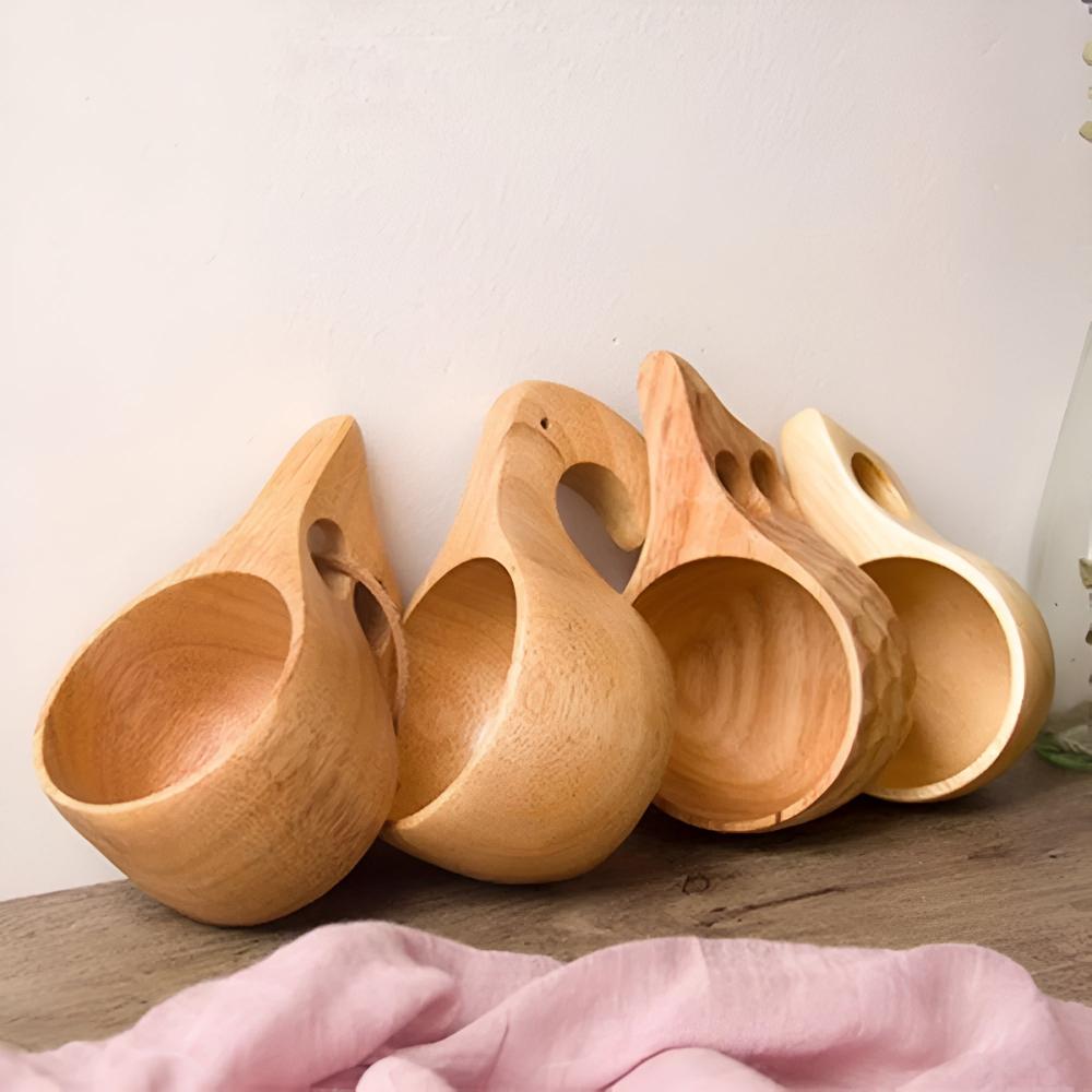 Natural Rubberwood Handcrafted Mug Set