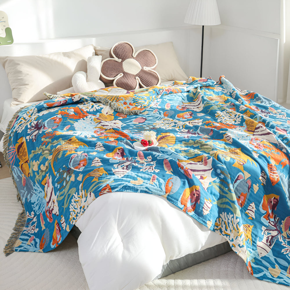Underwater Coral Cotton Blanket with Colorful Fish Design
