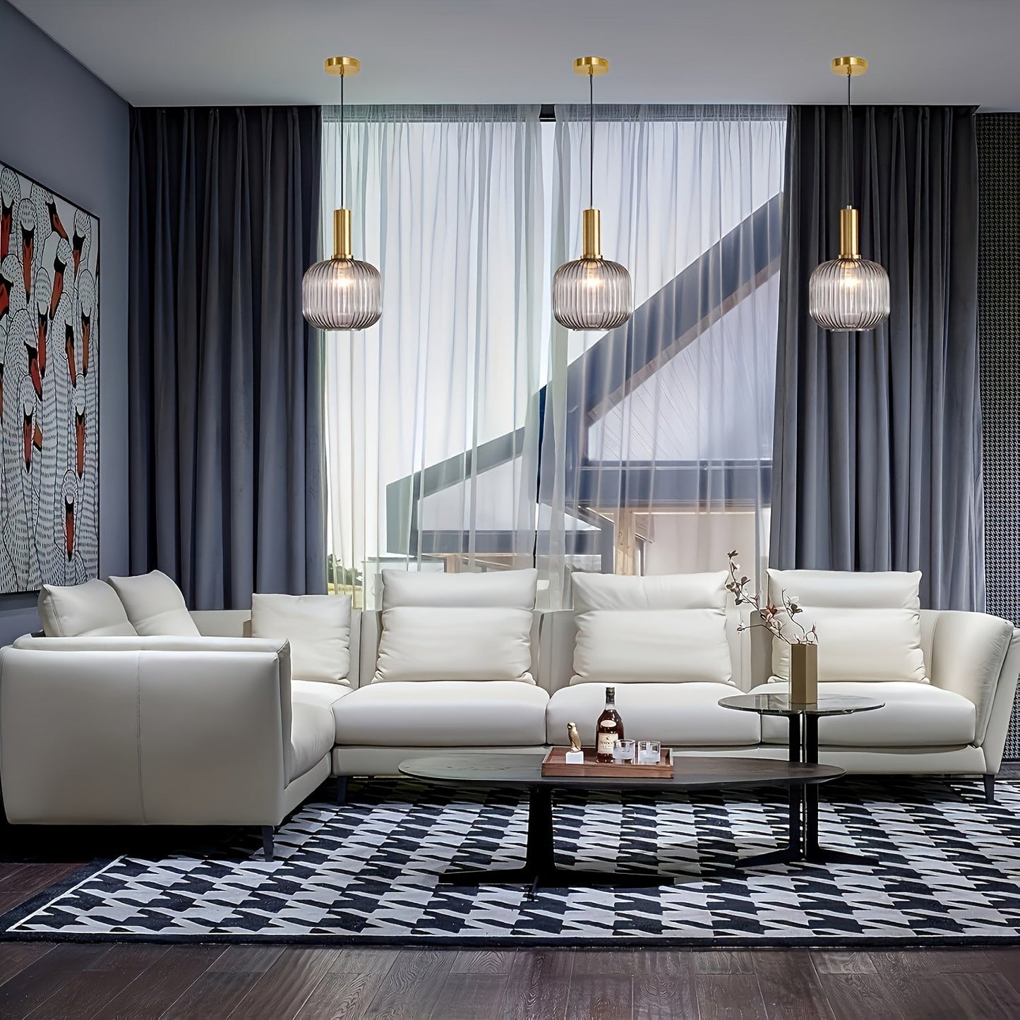 Ribbed Glass Pendant Light with Golden Finish