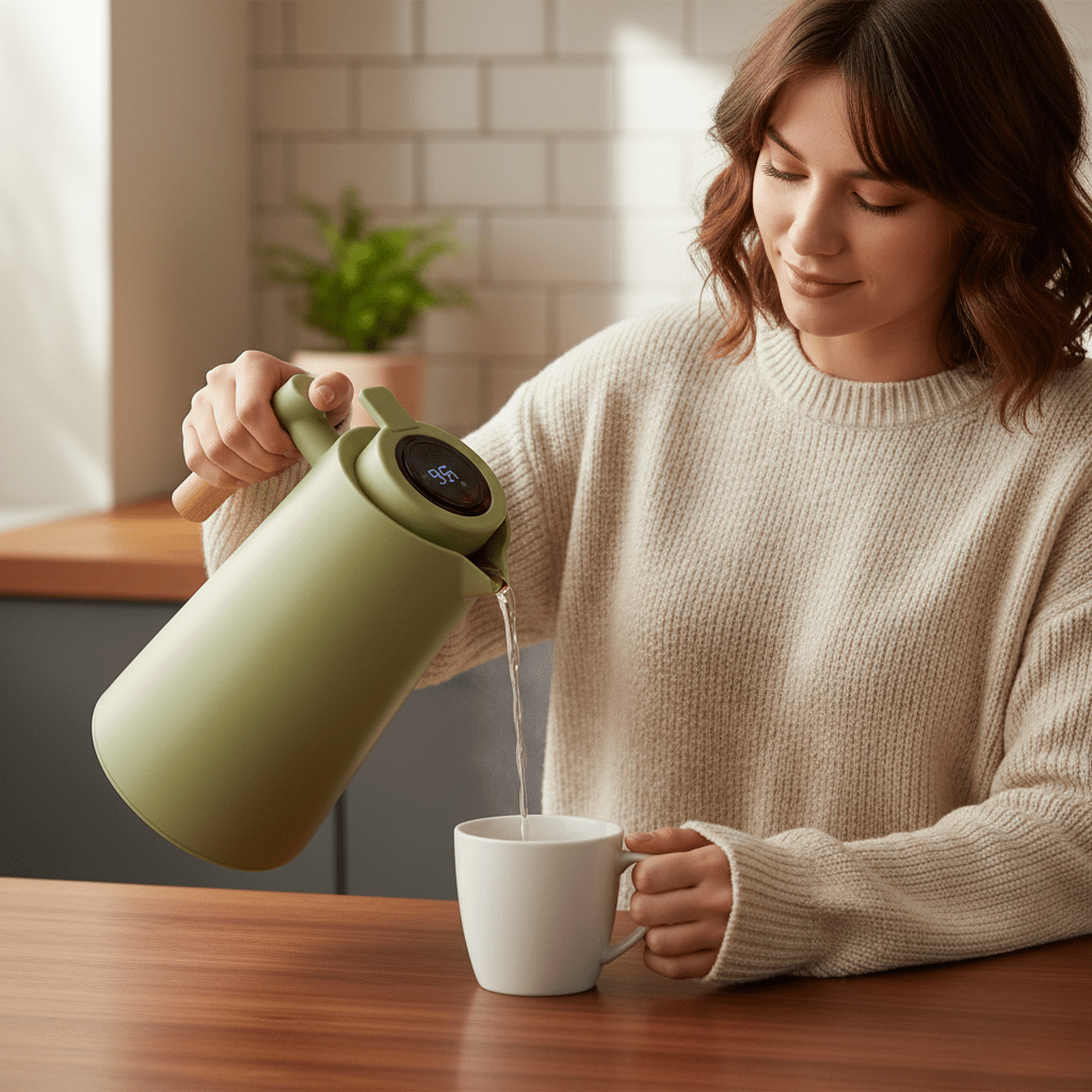 Double-Walled Stainless Steel Thermos with Temperature Display and Wooden Handle