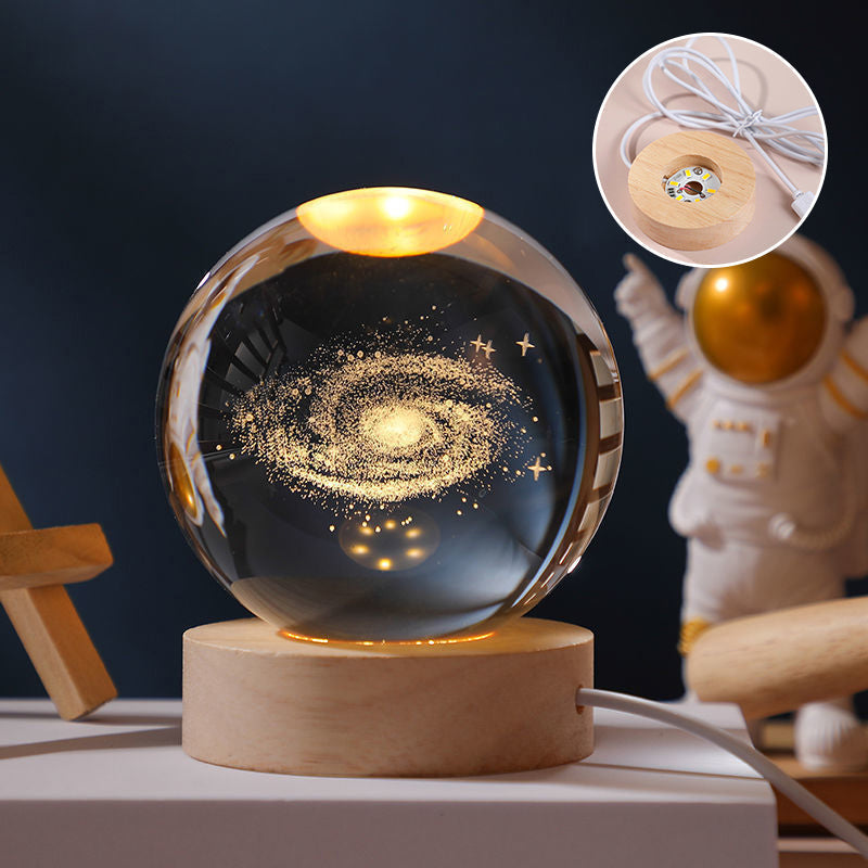 3D Solar System Crystal Ball Night Light with Wooden Base