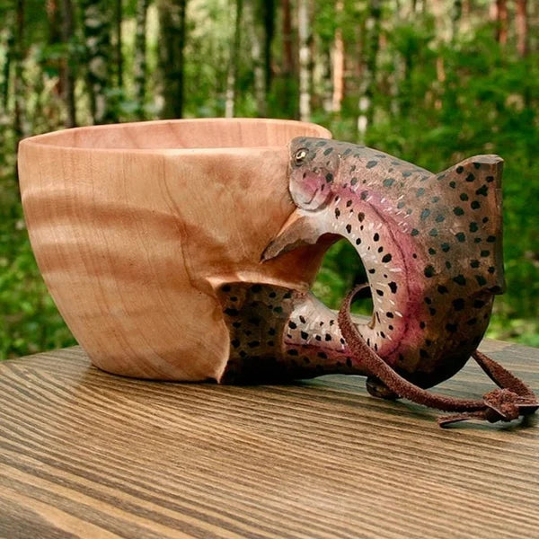 Handcrafted Rubber Wood Travel Cup with Leather Strap