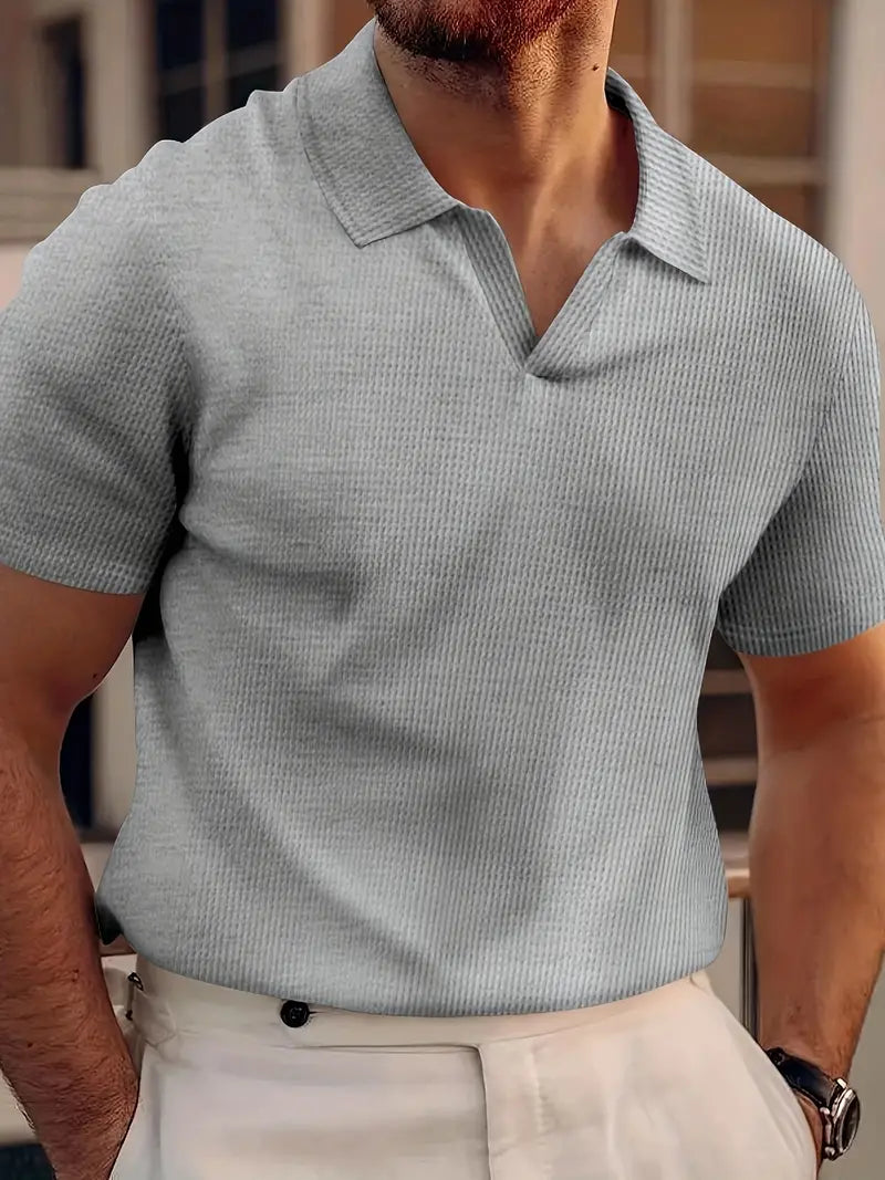 Men's V-Neck Jacquard Polo Shirt with Short Sleeves