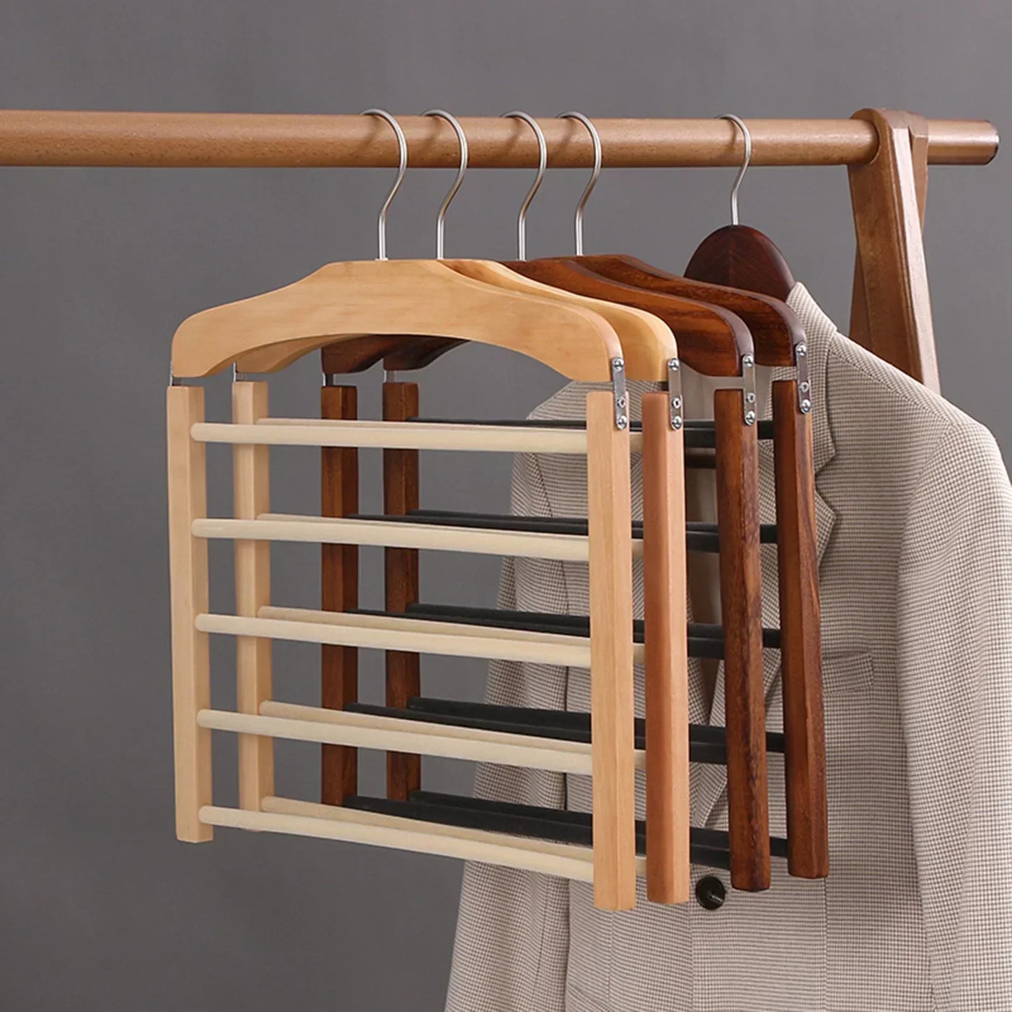 Space-Saving Wooden Multi-Pants Hanger with Metal Clips
