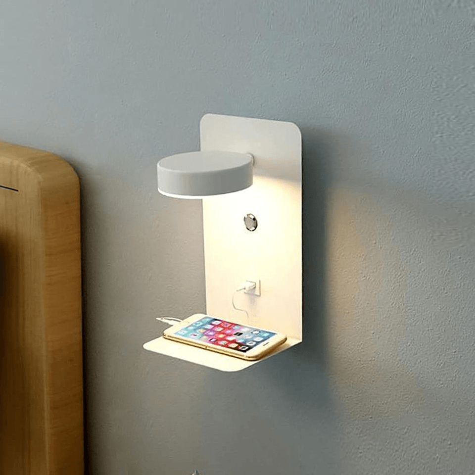 Adjustable LED Wall Lamp with Shelf and USB Charging