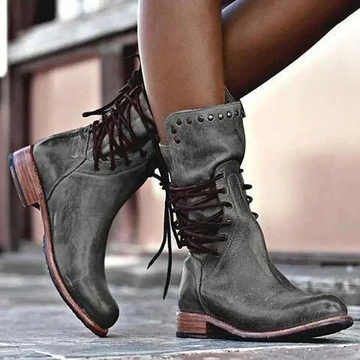 Teagan - Retro Mid-Calf Cross-Tied Boots
