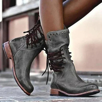 Teagan - Retro Mid-Calf Cross-Tied Boots
