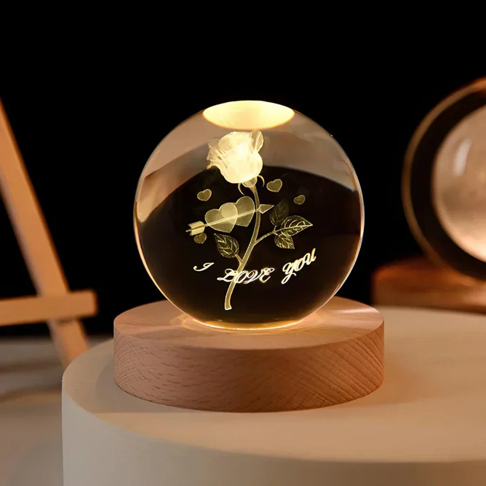 3D LED Crystal Ball Night Light with Wooden Base