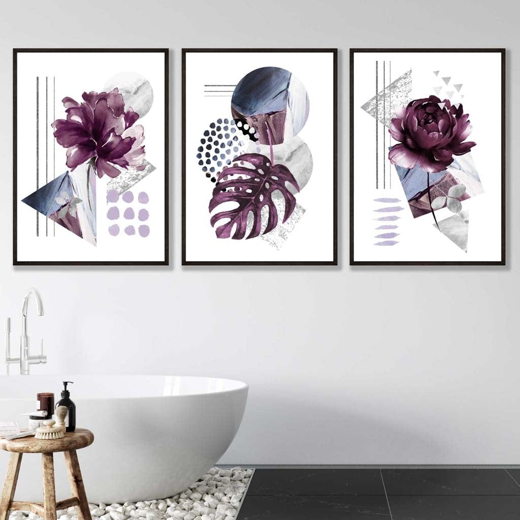 Set of 3 Purple and Silver Gray Floral Wall Art Prints