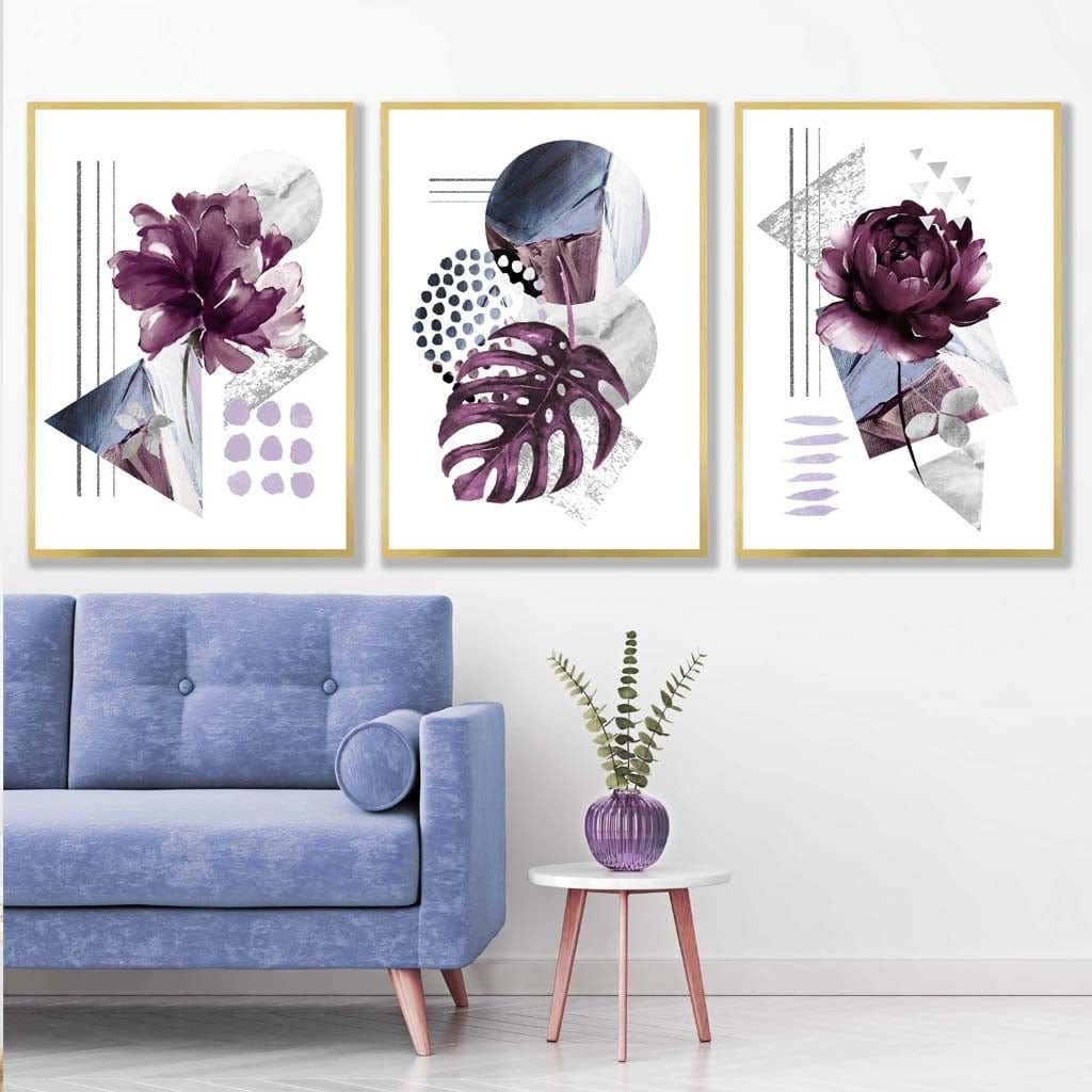 Set of 3 Purple and Silver Gray Floral Wall Art Prints