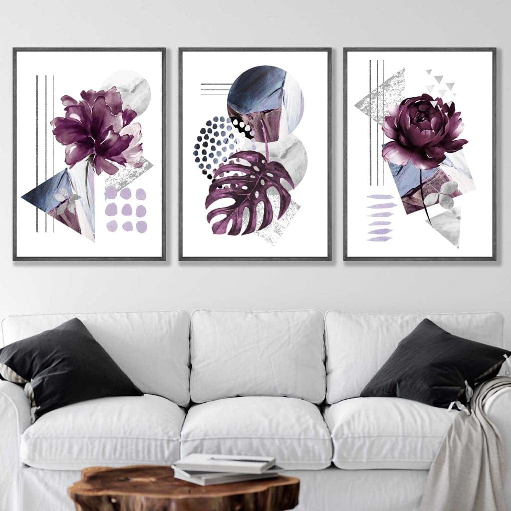 Set of 3 Purple and Silver Gray Floral Wall Art Prints