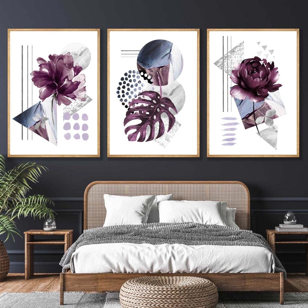 Set of 3 Purple and Silver Gray Floral Wall Art Prints