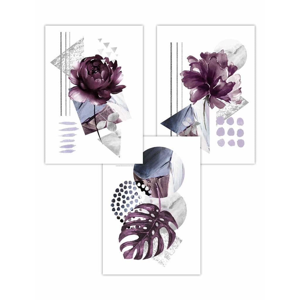 Set of 3 Purple and Silver Gray Floral Wall Art Prints