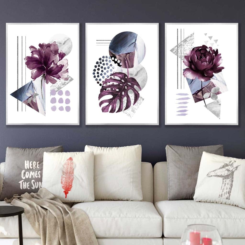 Set of 3 Purple and Silver Gray Floral Wall Art Prints