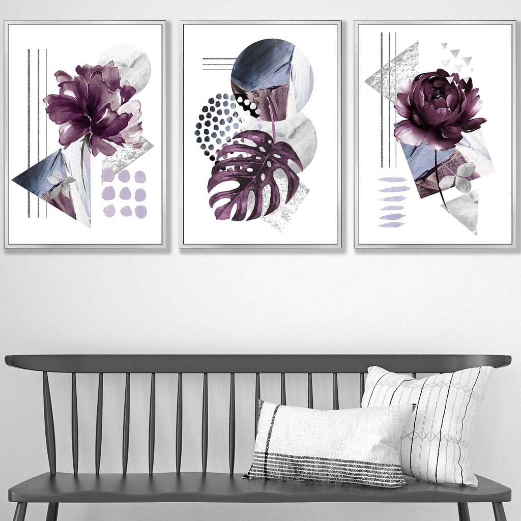 Set of 3 Purple and Silver Gray Floral Wall Art Prints