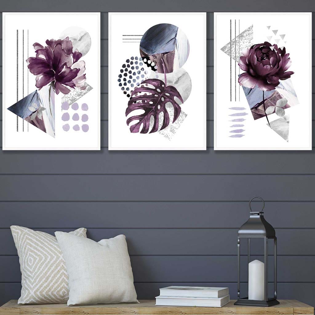 Set of 3 Purple and Silver Gray Floral Wall Art Prints
