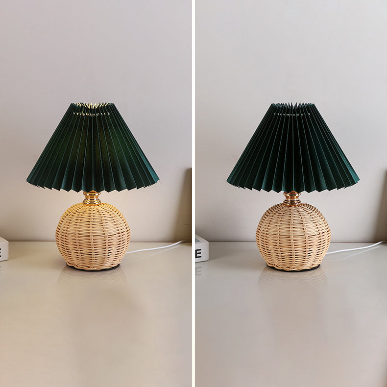 Nordic LED Table Lamp with Woven Rattan Base and Dimmable Fabric Shade