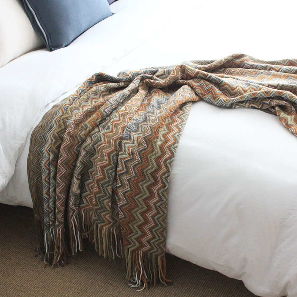 Multicolor Boho Zigzag Knit Throw Blanket with Tassels