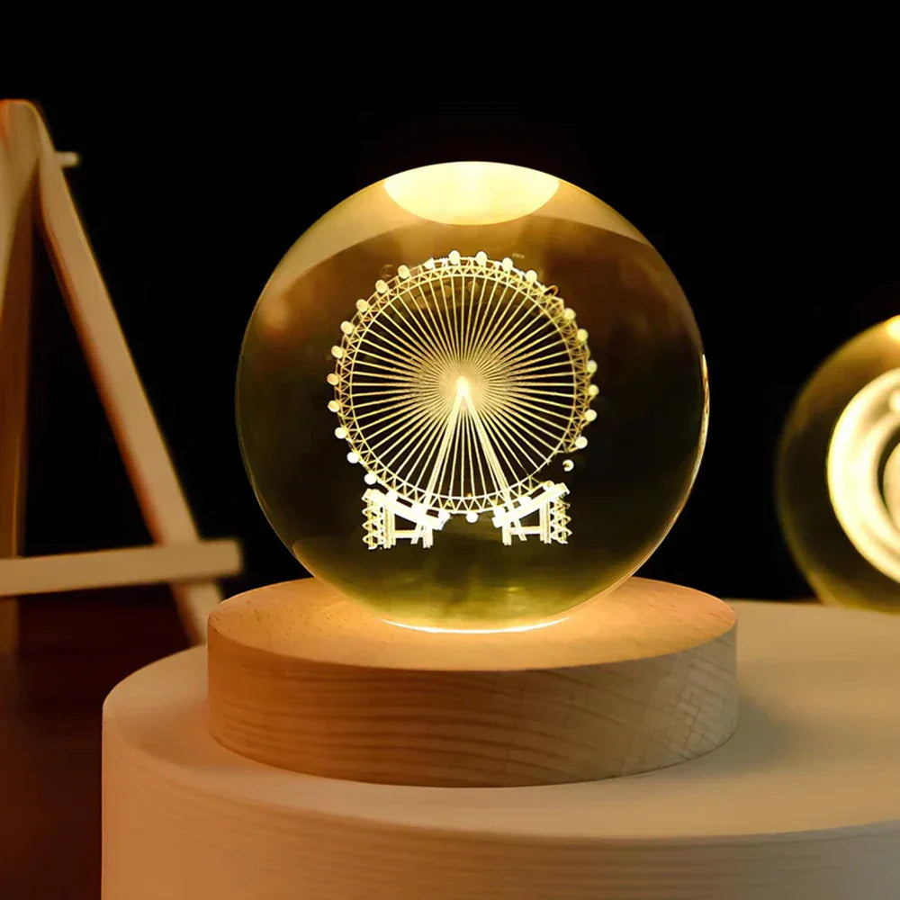 3D LED Crystal Ball Night Light with Wooden Base