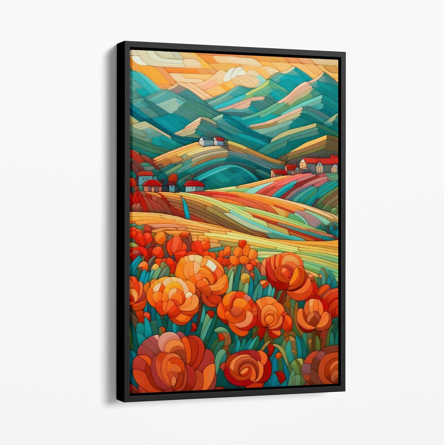 Colorful Abstract Landscape Canvas Print with Red Flowers