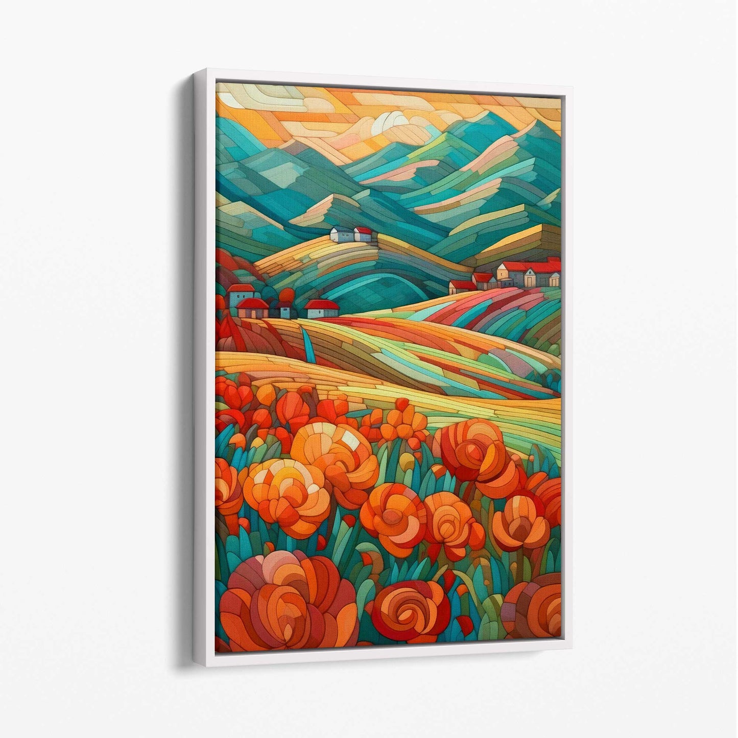 Colorful Abstract Landscape Canvas Print with Red Flowers