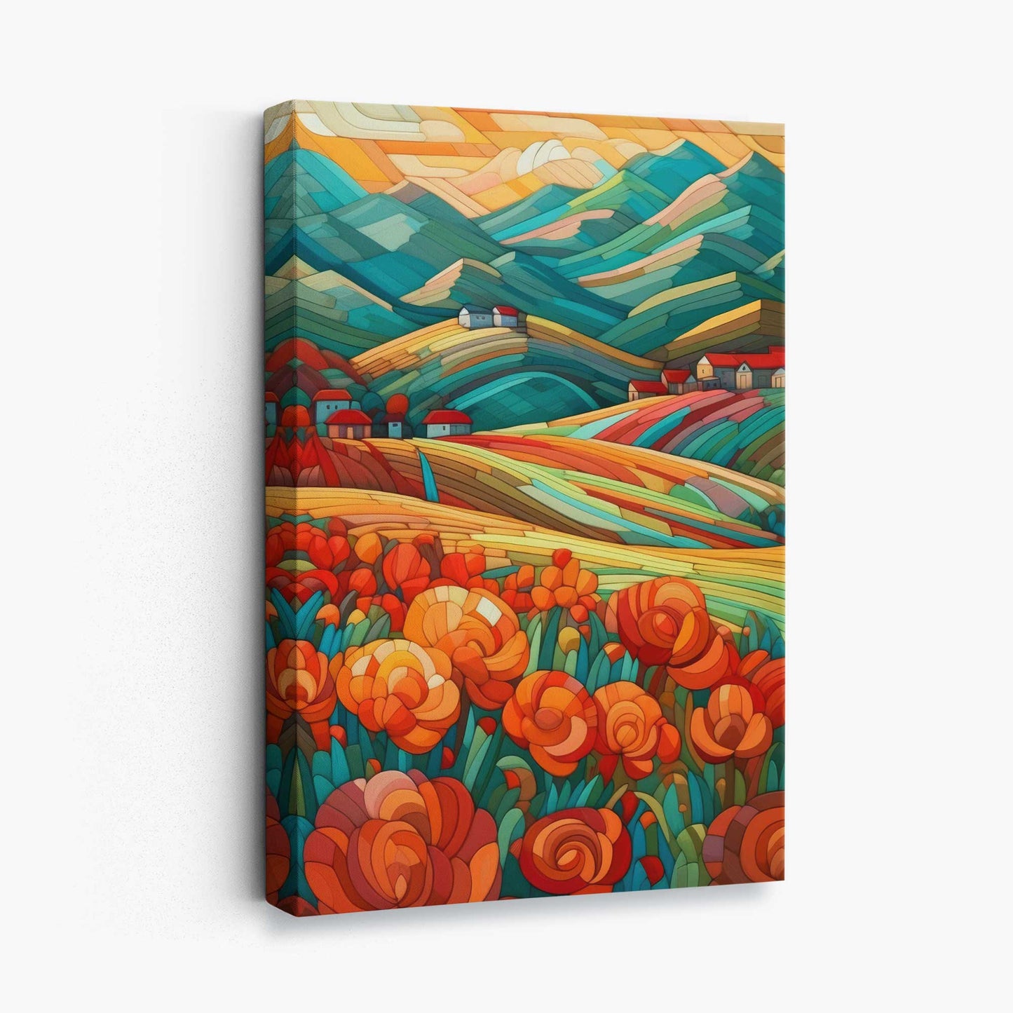 Colorful Abstract Landscape Canvas Print with Red Flowers