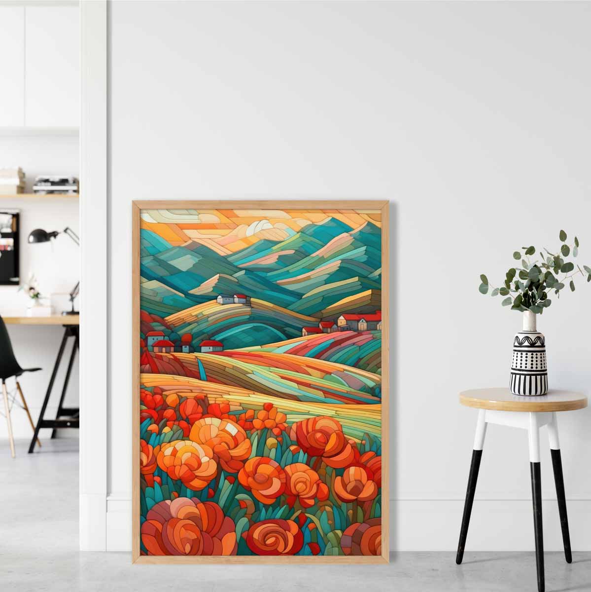Colorful Abstract Landscape Art Print with Red Flowers