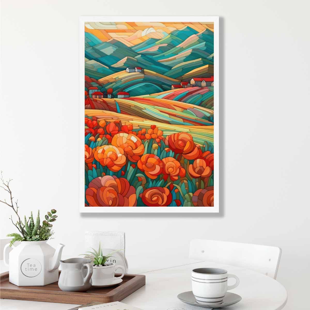 Colorful Abstract Landscape Art Print with Red Flowers