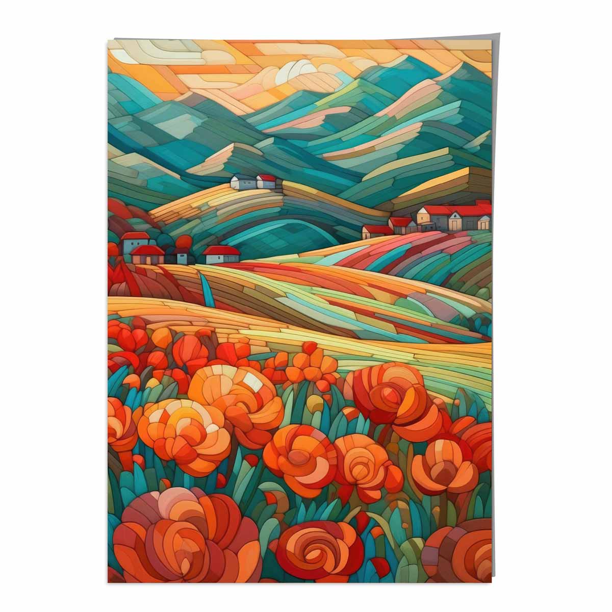 Colorful Abstract Landscape Art Print with Red Flowers
