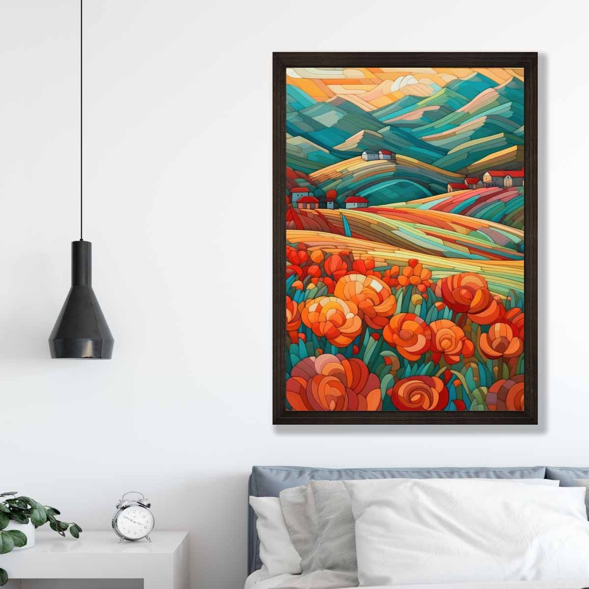 Colorful Abstract Landscape Art Print with Red Flowers