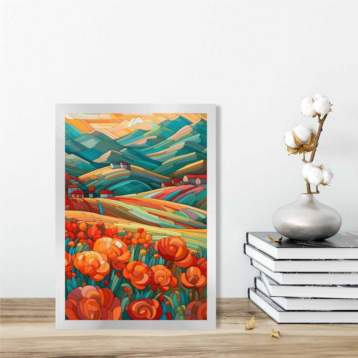 Colorful Abstract Landscape Art Print with Red Flowers