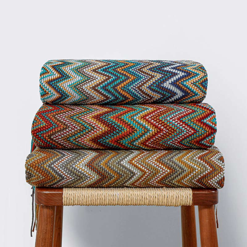 Multicolor Boho Zigzag Knit Throw Blanket with Tassels