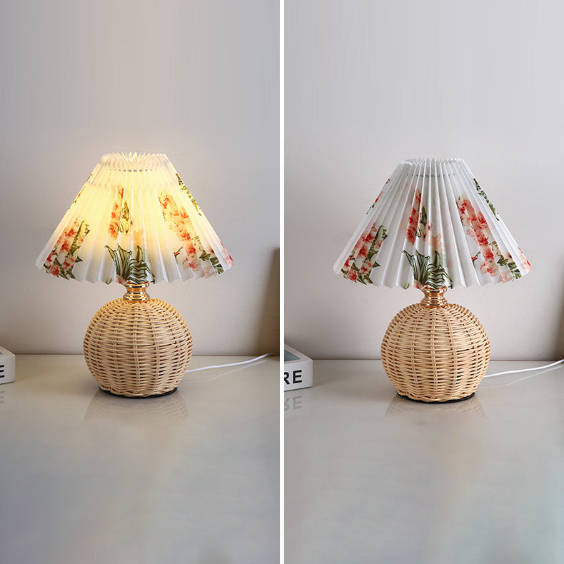 Nordic LED Table Lamp with Woven Rattan Base and Dimmable Fabric Shade