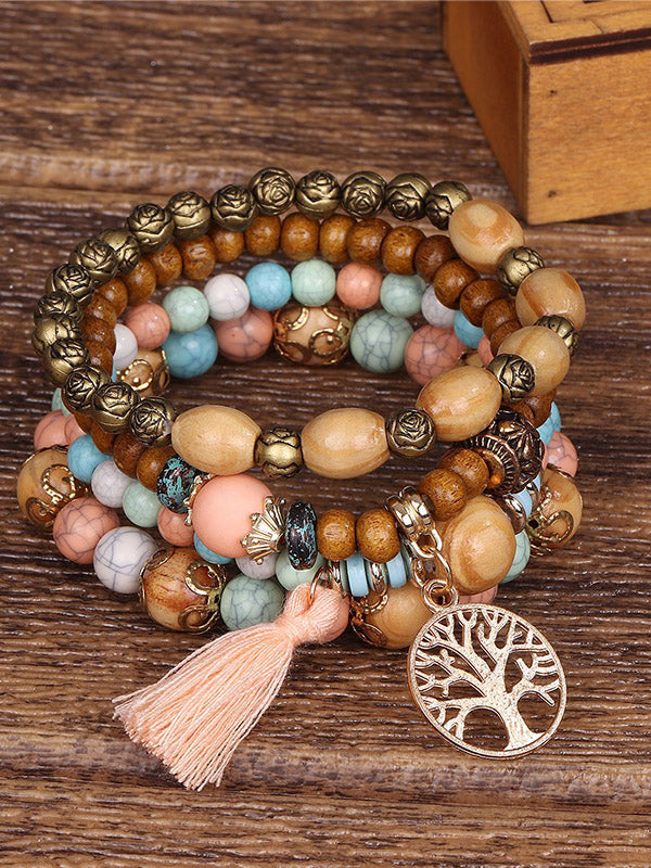 Tree of Life Beaded Bracelet Set with Golden Charm and Tassel
