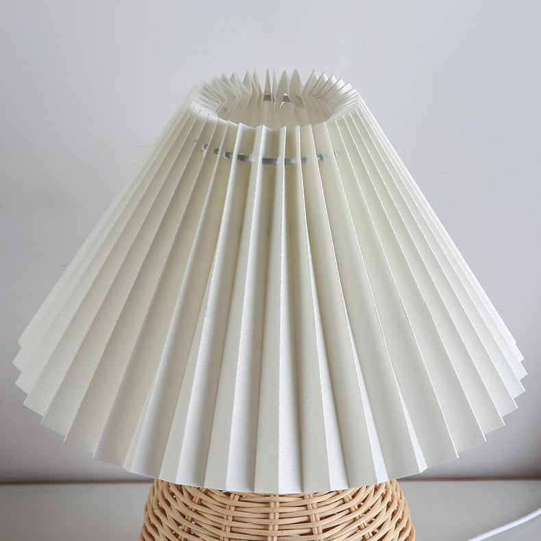 Nordic LED Table Lamp with Woven Rattan Base and Dimmable Fabric Shade