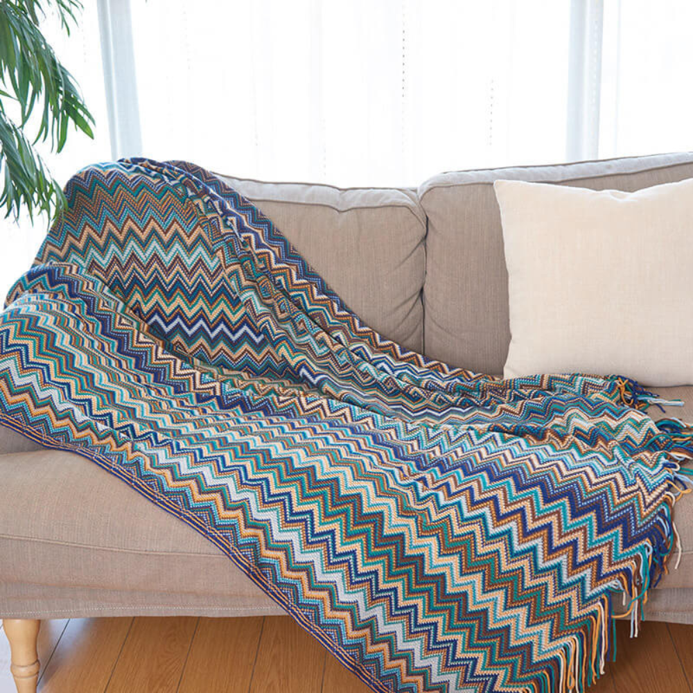 Multicolor Boho Zigzag Knit Throw Blanket with Tassels