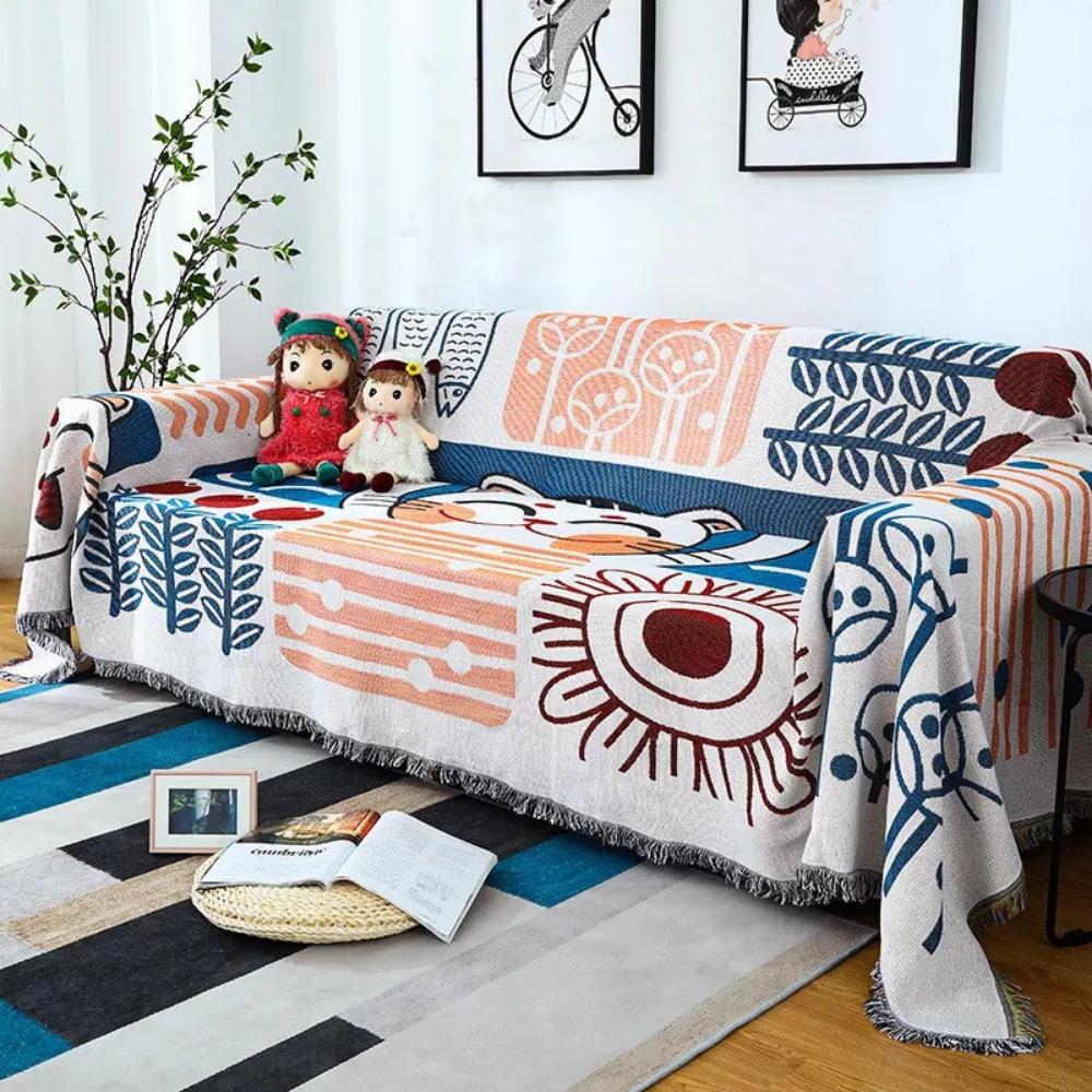 Cotton Linen Tassel Sofa Cover with Jacquard Design