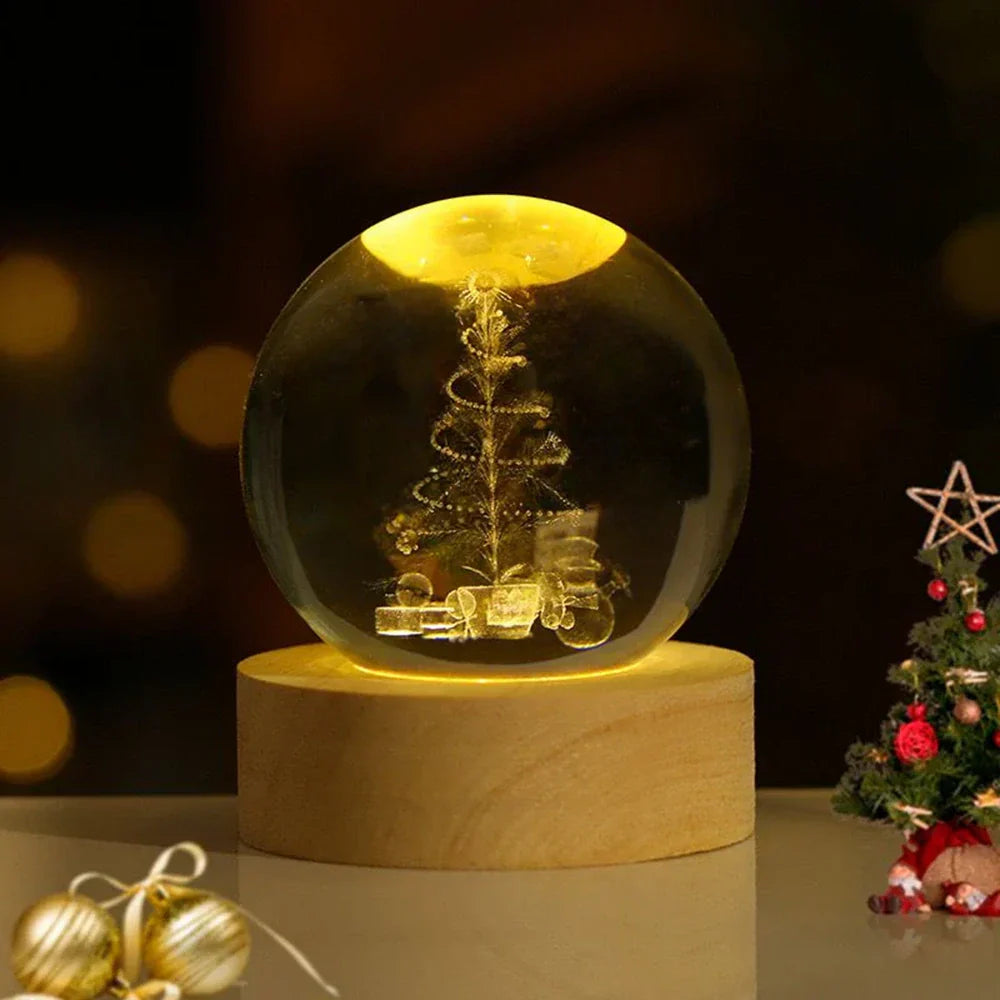 LED Night Light with 3D Crystal Sphere and Wooden Base