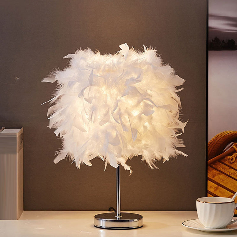 Modern White Cylindrical Table Lamp with Metal Base