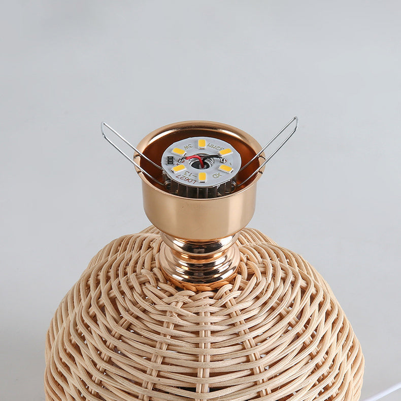 Nordic LED Table Lamp with Woven Rattan Base and Dimmable Fabric Shade