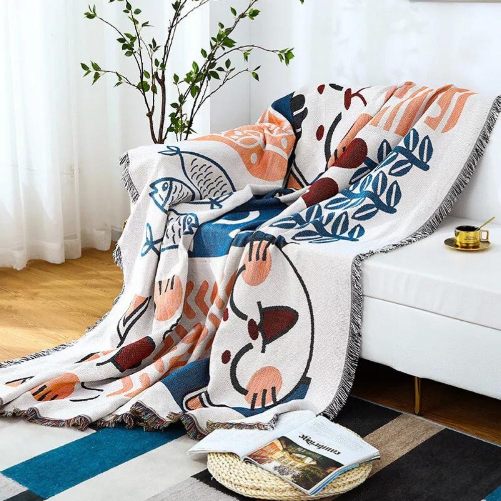 Cotton Linen Tassel Sofa Cover with Jacquard Design
