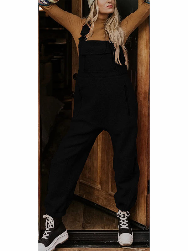 Women's Fleece Thermal Overalls with Adjustable Straps and Zippered Pockets
