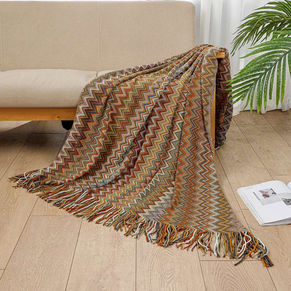 Multicolor Boho Zigzag Knit Throw Blanket with Tassels