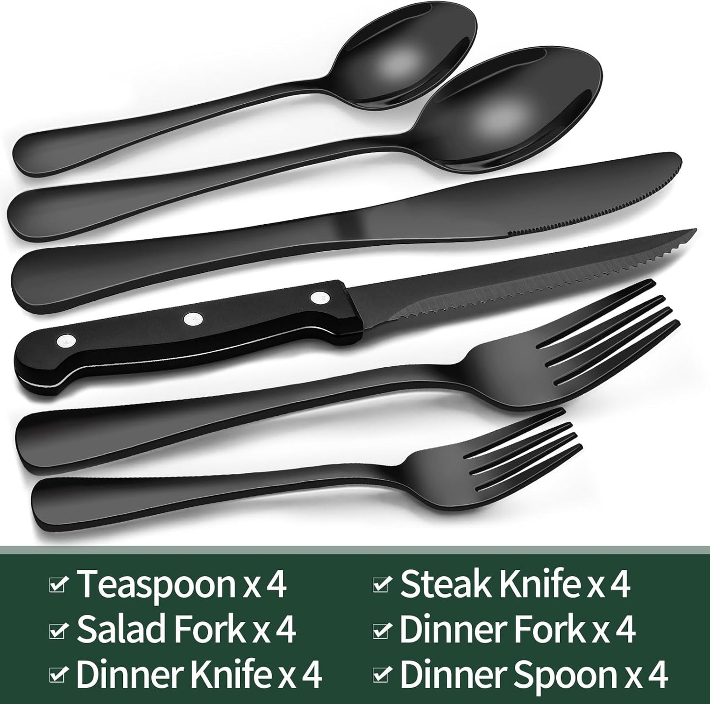 Sleek Black Stainless Steel Cutlery Set for Four