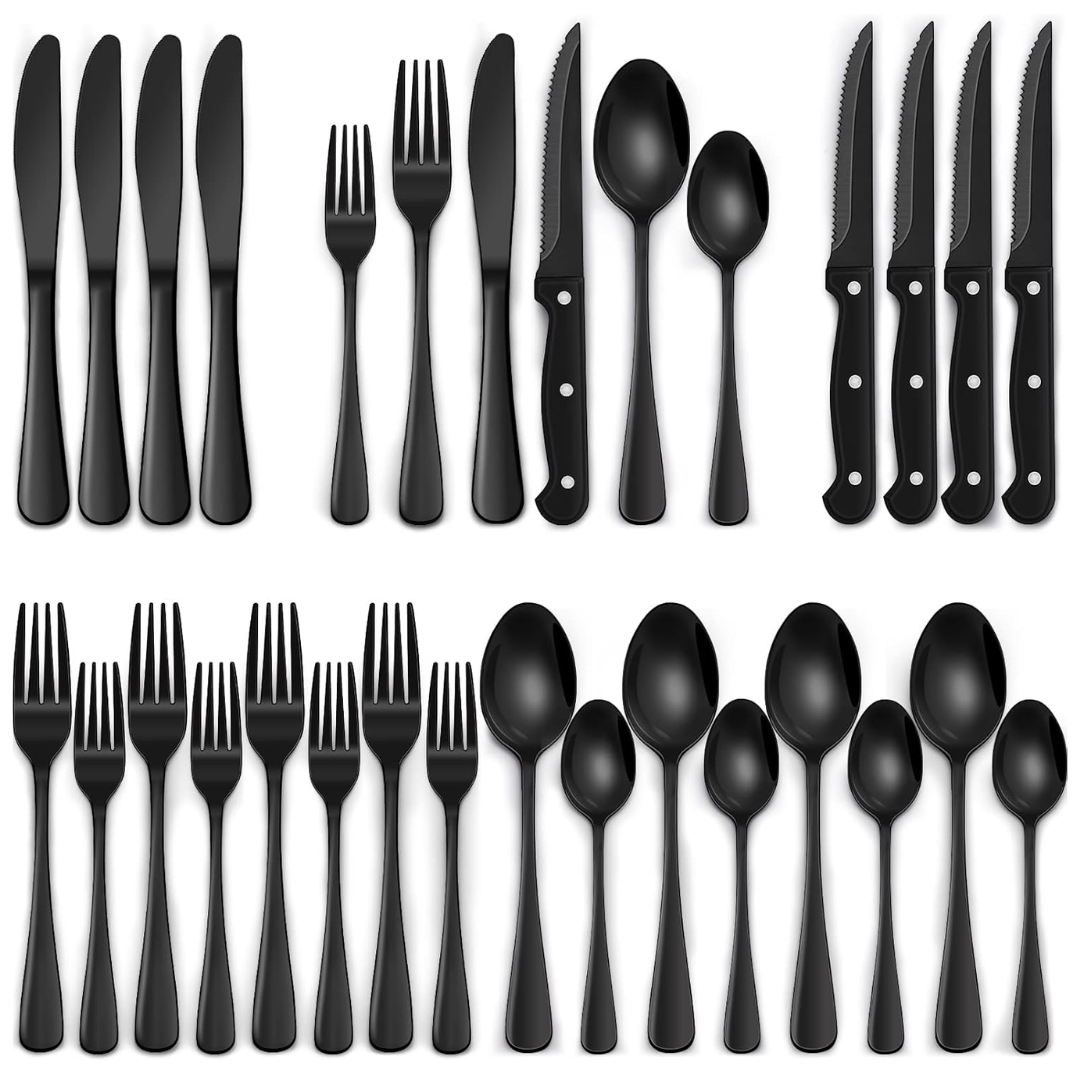 Sleek Black Stainless Steel Cutlery Set for Four