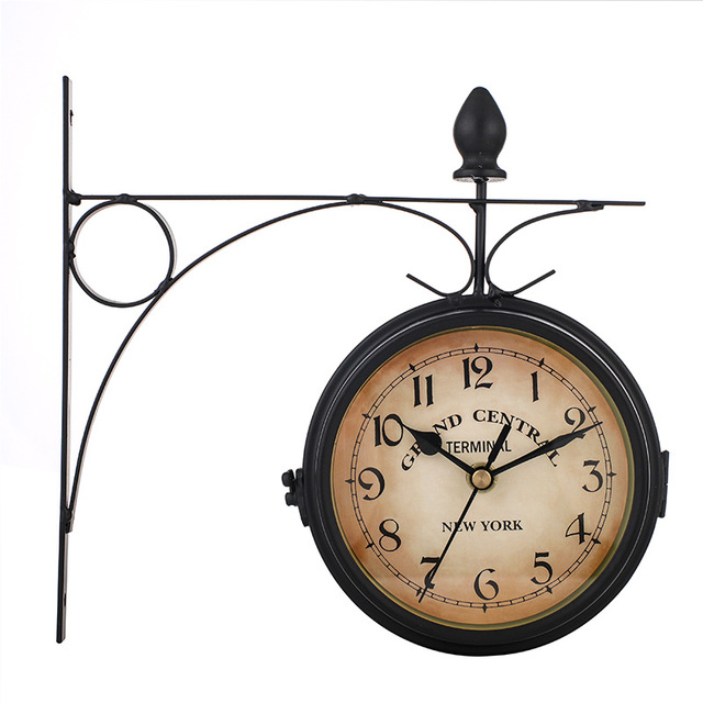 Double-Sided Vintage Iron Wall Clock with Analog and Digital Display